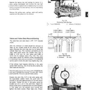 May include: Diagram of a cylinder head with valve spring removal instructions and valve seat reconditioning details. Includes measurements in inches and a tool for checking valve depth.