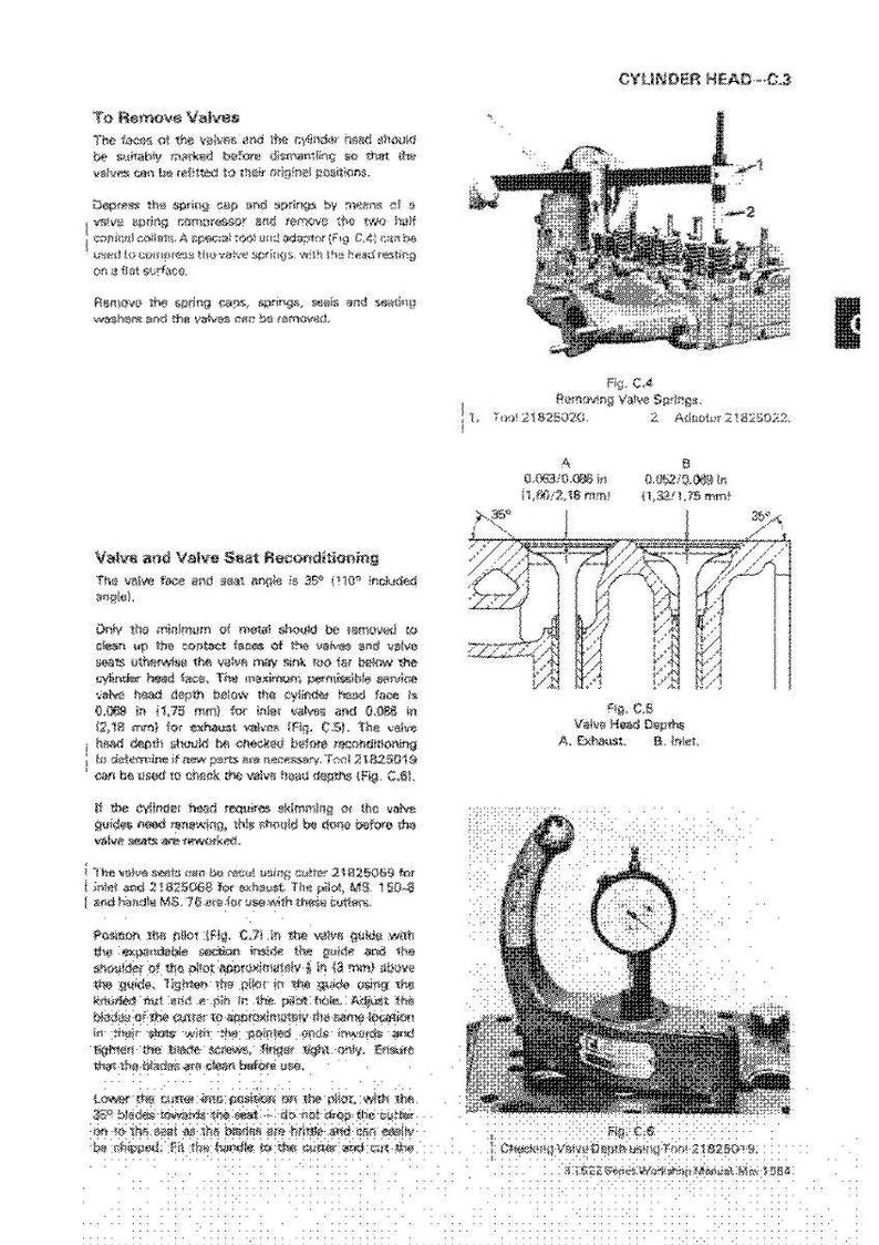 May include: Diagram of a cylinder head with valve spring removal instructions and valve seat reconditioning details. Includes measurements in inches and a tool for checking valve depth.