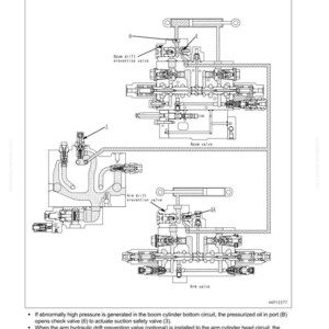 May include: Diagram illustrating a suction safety valve for a hydraulic drift prevention valve. The diagram includes labels for the boom drift prevention valve, arm drift prevention valve, and other components. Text at the top reads "10 Structure and function".