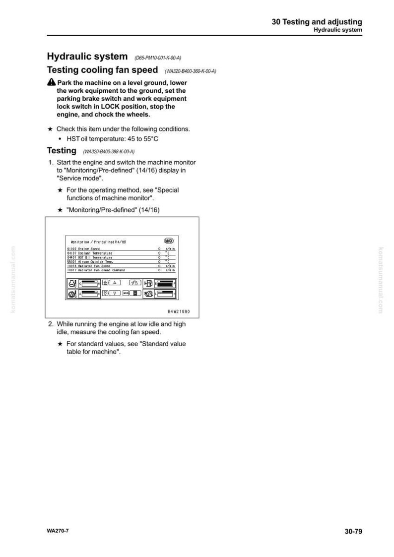 May include: A page from a manual detailing the hydraulic system, specifically testing the cooling fan speed. Includes instructions, a diagram of a machine monitor display, and temperature specifications. The text is in black on a white background.