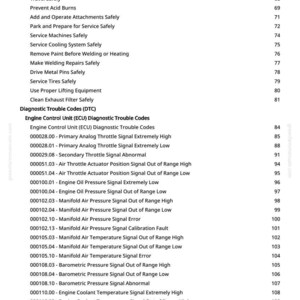 May include: A manual page detailing safety procedures and diagnostic trouble codes. The text includes topics such as "Operating on Slopes" and "Engine Control Unit (ECU) Diagnostic Trouble Codes."