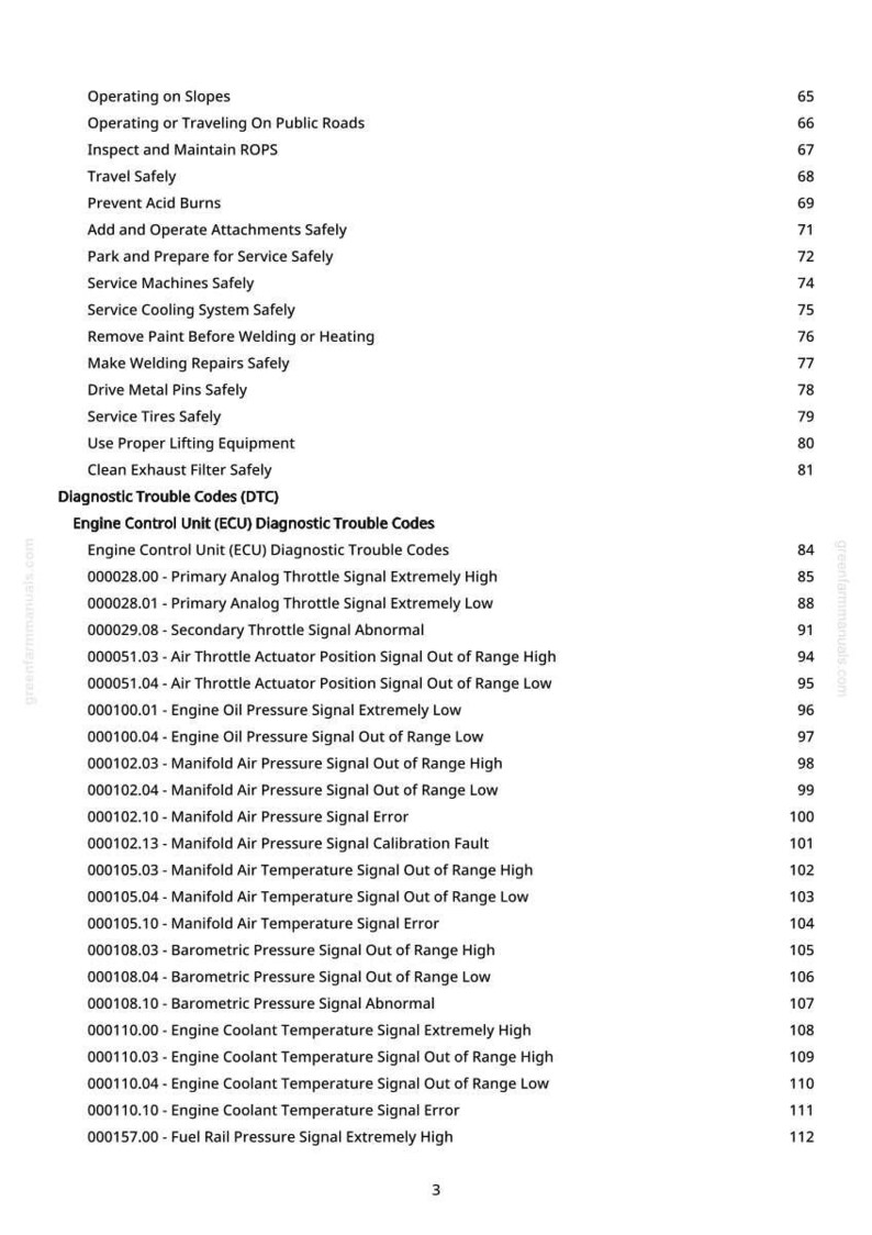 May include: A manual page detailing safety procedures and diagnostic trouble codes. The text includes topics such as "Operating on Slopes" and "Engine Control Unit (ECU) Diagnostic Trouble Codes."
