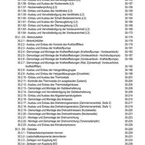 May include: A detailed table of contents in German, listing various automotive repair procedures and their corresponding page numbers. The document is likely a technical manual for vehicle maintenance and repair.