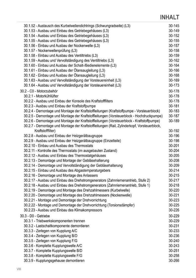 May include: A detailed table of contents in German, listing various automotive repair procedures and their corresponding page numbers. The document is likely a technical manual for vehicle maintenance and repair.