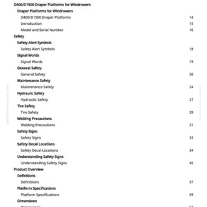 Op de afbeelding: Een witte pagina met een zwarte inhoudsopgave voor een handleiding. De titels zijn onder meer Voorwoord, Veiligheid en Productoverzicht. Paginanummers staan aan de rechterkant.