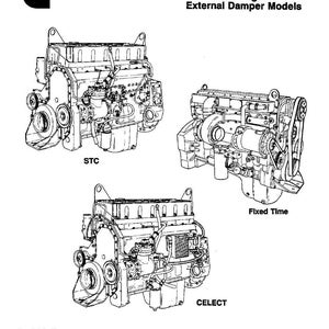 May include: A black and white diagram of three L10 Series Engines. The diagram includes the text "Shop Manual L10 Series Engines External Damper Models". The engines are labeled STC, Fixed Time, and CELECT. The Cummins logo is in the upper left corner.