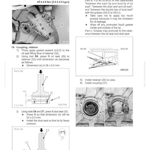 May include: Technical diagram with instructions for assembling and disassembling mechanical components. Includes diagrams of parts such as a torque converter relief valve, coupling, and retainer. Measurements are in millimeters and Newton-meters.