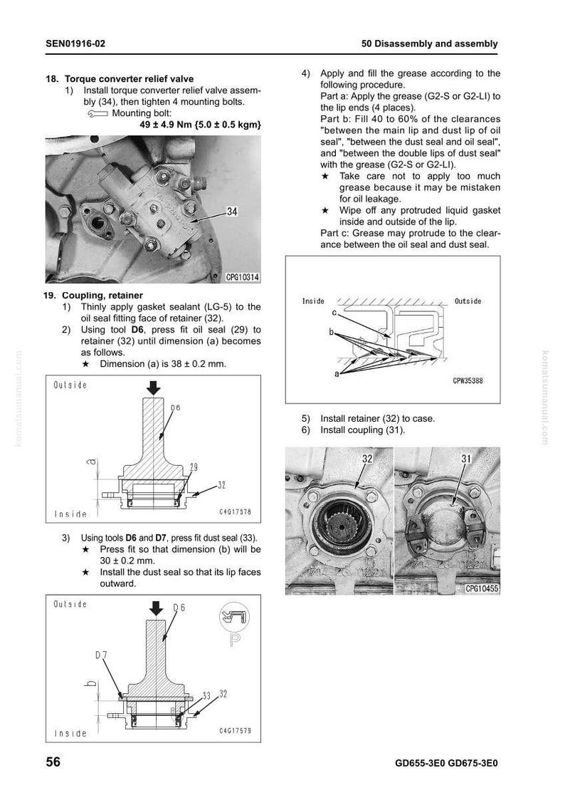 May include: Technical diagram with instructions for assembling and disassembling mechanical components. Includes diagrams of parts such as a torque converter relief valve, coupling, and retainer. Measurements are in millimeters and Newton-meters.