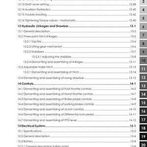 May include: A white and black document page from ARGO TRACTORS, detailing tractor maintenance. Sections include hydraulic linkages, controls, and electrical systems. The document has numbered sections and sub-sections.