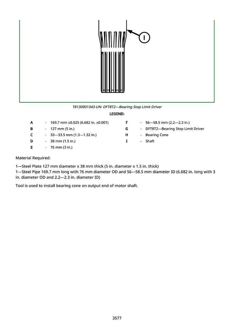 May include: Technical diagram of a bearing stop limit driver, labeled DFT8T2. Includes measurements in inches and millimeters for various components, such as a steel plate (5 in. diameter x 1.5 in. thick) and a steel pipe (6.682 in. long).