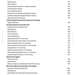 May include: A detailed table of contents from a manual, listing procedures for hydraulic systems, including repair, cleanup, and component replacement. The text is in black on a white background, with page numbers on the right.