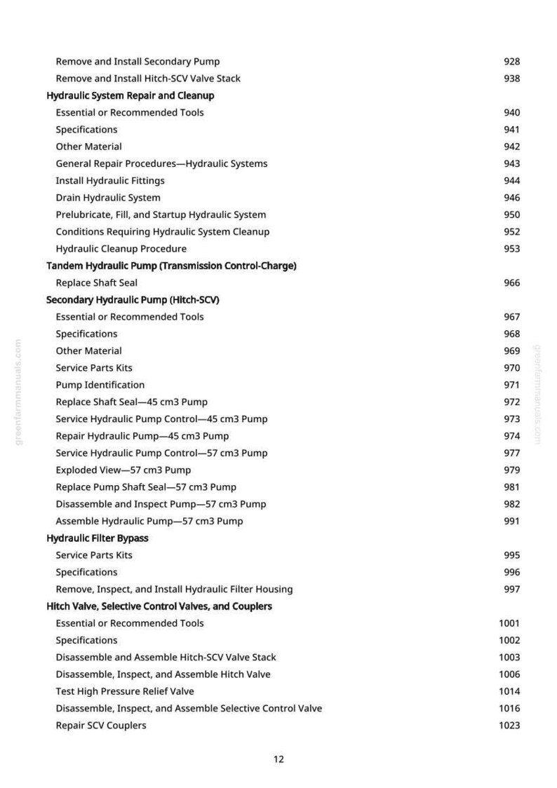 May include: A detailed table of contents from a manual, listing procedures for hydraulic systems, including repair, cleanup, and component replacement. The text is in black on a white background, with page numbers on the right.