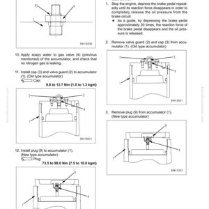 Peut inclure: Diagrammes techniques pour le contr&ocirc;le et le r&eacute;glage de la pression du gaz nitrog&egrave;ne d'un accumulateur. Instructions pour retirer et installer des pi&egrave;ces comme des joints toriques, des bouchons et des obturateurs. Mesures en Newton-m&egrave;tres et kilogramme-m&egrave;tres.