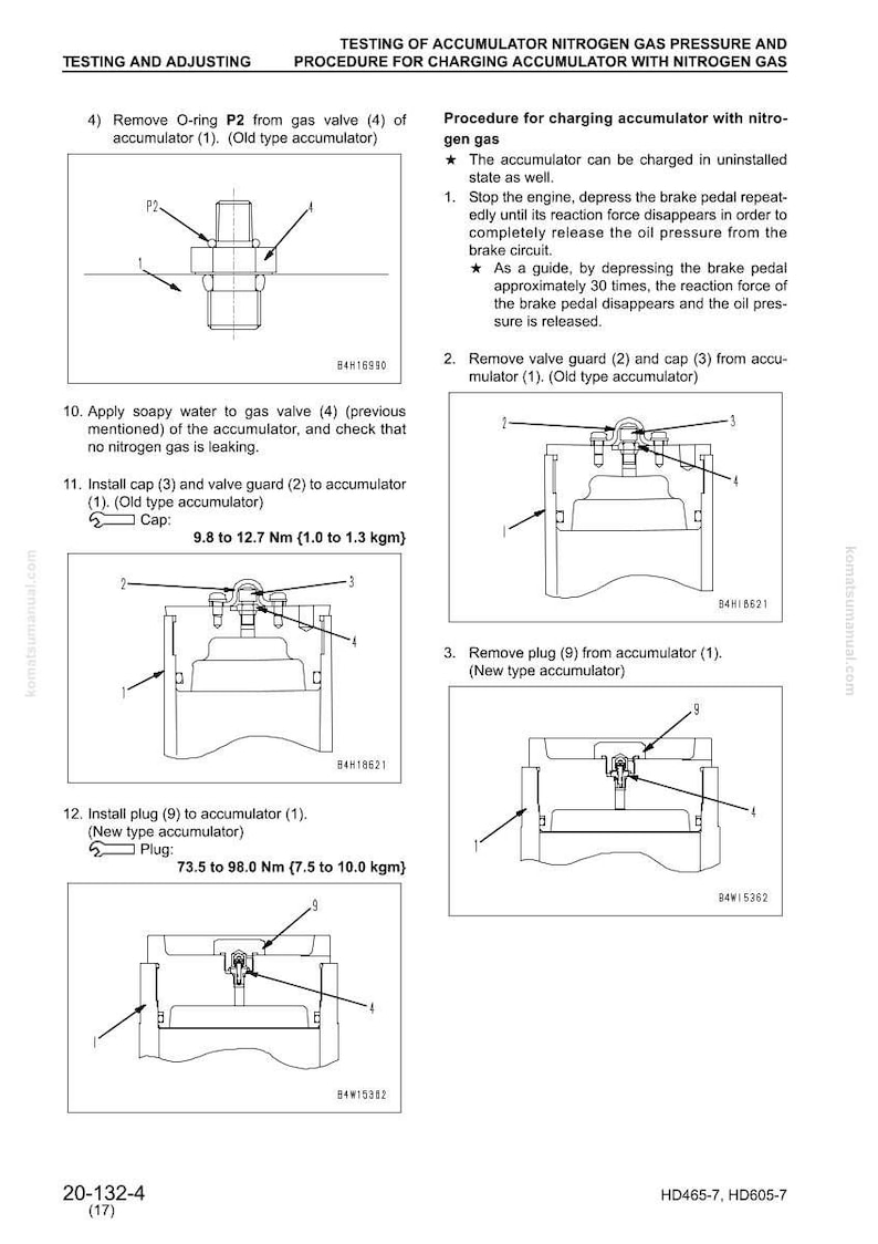 Peut inclure: Diagrammes techniques pour le contr&ocirc;le et le r&eacute;glage de la pression du gaz nitrog&egrave;ne d'un accumulateur. Instructions pour retirer et installer des pi&egrave;ces comme des joints toriques, des bouchons et des obturateurs. Mesures en Newton-m&egrave;tres et kilogramme-m&egrave;tres.