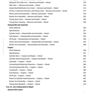May include: A page from a manual with a table of contents for diesel engine repair. The text includes sections on removing and installing various engine components, disassembly, and inspection procedures. The page number is 6.