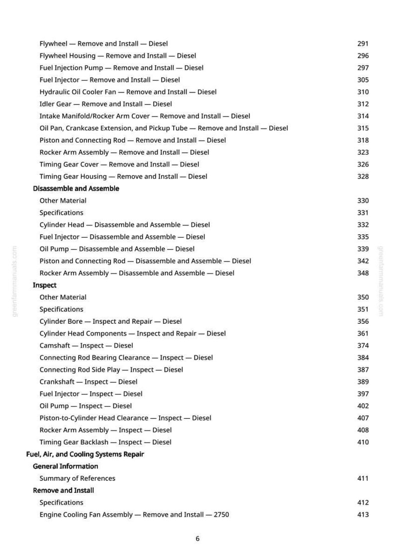 May include: A page from a manual with a table of contents for diesel engine repair. The text includes sections on removing and installing various engine components, disassembly, and inspection procedures. The page number is 6.