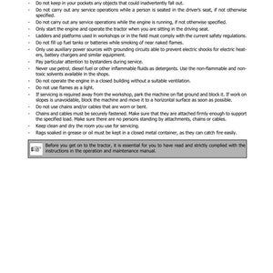 Puede incluir: P&aacute;gina de un manual con el t&iacute;tulo "SECCI&Oacute;N 1001" y "Reglas generales" enumeradas a continuaci&oacute;n. El texto proporciona instrucciones de seguridad para el funcionamiento y el mantenimiento del tractor, incluidas advertencias sobre ropa, combustible y funcionamiento del motor.