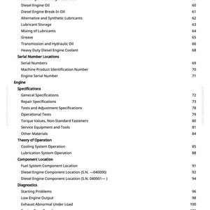 K&ouml;nnte beinhalten: Eine Manuellseite mit Inhaltsverzeichnis. Die Themen umfassen Kraftstoff, Schmierstoffe, Motorspezifikationen und Diagnostik. Die Seitenzahlen sind auf der rechten Seite aufgef&uuml;hrt.