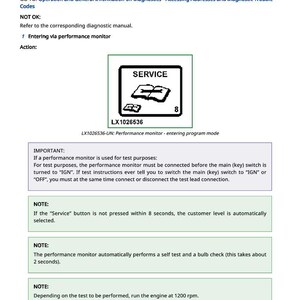May include: A page from a diagnostic manual with instructions for a performance monitor. The image includes a "SERVICE" icon, text, and steps for operation, including engine RPM and key switch settings.