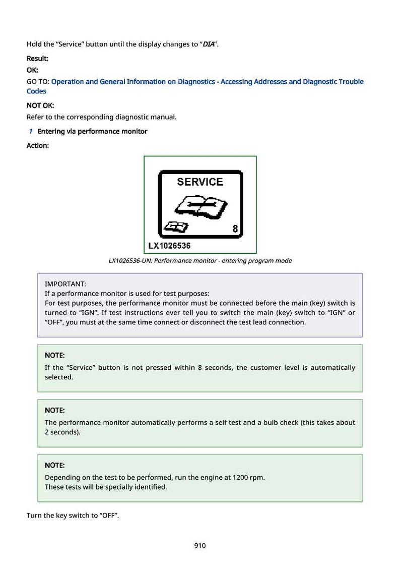 May include: A page from a diagnostic manual with instructions for a performance monitor. The image includes a "SERVICE" icon, text, and steps for operation, including engine RPM and key switch settings.