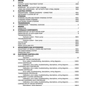 May include: A detailed table of contents from a manual, listing sections and page numbers. Sections include Engine, Fuel System, Electric System, Steering, Transmission, Brakes, Hydraulic Components, and Electronic Controllers.