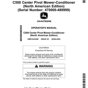 Puede incluir: Manual del operador blanco para una C500 Center Pivot Mower-Conditioner, edici&oacute;n de Am&eacute;rica del Norte, con el logotipo de John Deere. El manual incluye advertencias sobre los gases de escape y los productos qu&iacute;micos.