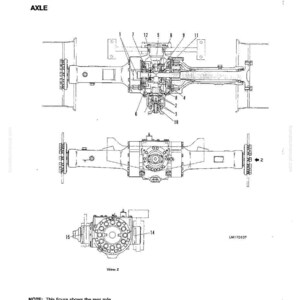 May include: Technical diagram of an axle, labeled with numbers and annotations. The diagram includes top, side, and angled views of the axle assembly. The text "AXLE" is prominently displayed, along with the note: "This figure shows the rear axle."