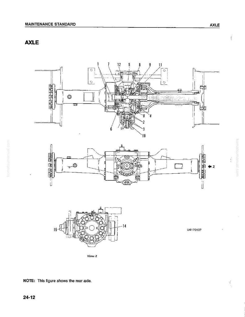 May include: Technical diagram of an axle, labeled with numbers and annotations. The diagram includes top, side, and angled views of the axle assembly. The text "AXLE" is prominently displayed, along with the note: "This figure shows the rear axle."