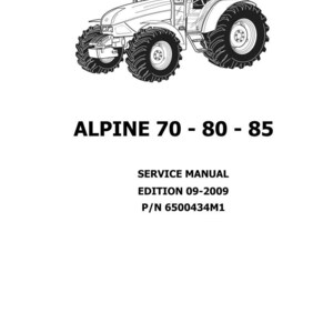 May include: A monochrome illustration of an Alpine 70-80-85 tractor. The image features the text "ALPINE 70 - 80 - 85", "SERVICE MANUAL", "EDITION 09-2009", and "P/N 6500434M1". The Landini logo is at the bottom of the image.