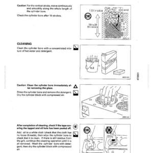 May include: Diagrams and instructions for cylinder block disassembly and assembly. Includes illustrations of cleaning, checking, and maintenance procedures. Text includes cautions and steps for proper engine care. The page is from a manual.