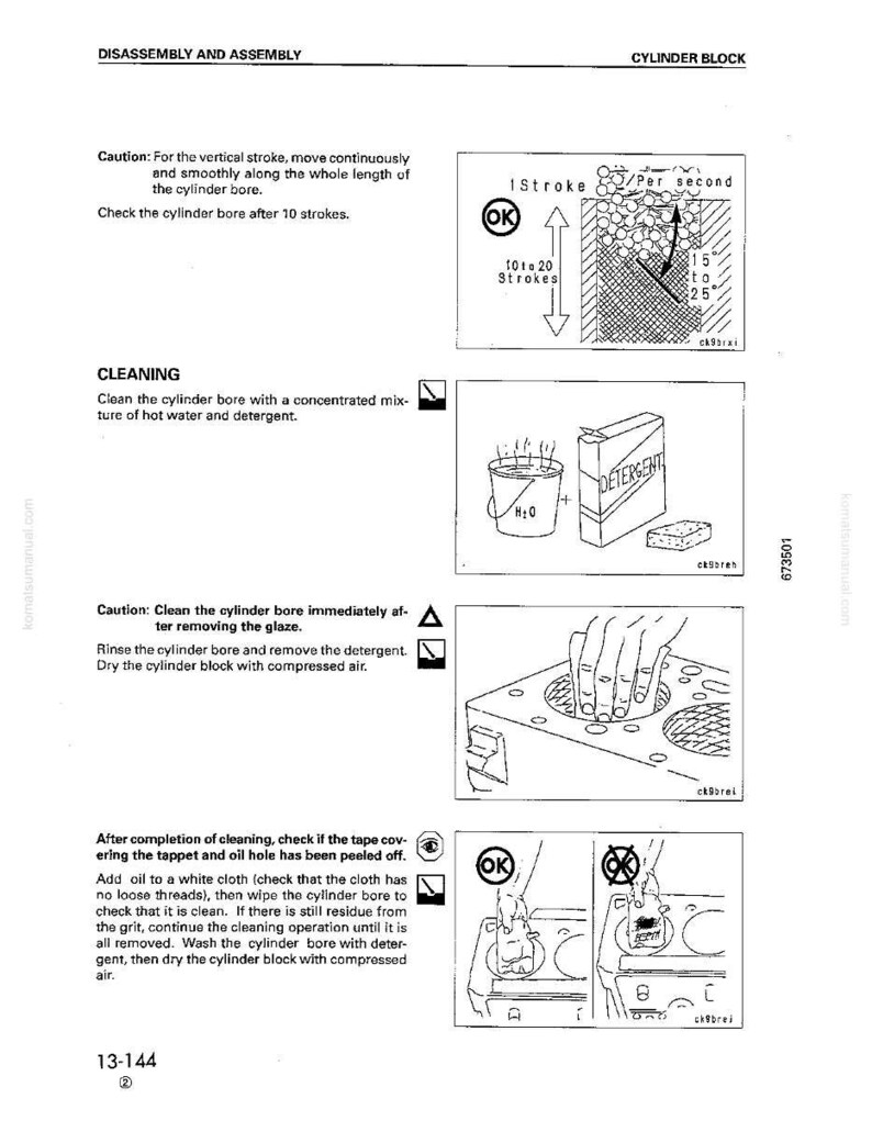 May include: Diagrams and instructions for cylinder block disassembly and assembly. Includes illustrations of cleaning, checking, and maintenance procedures. Text includes cautions and steps for proper engine care. The page is from a manual.