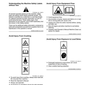May include: A white document titled "Safety Labels without Text" with safety symbols and warnings. The document includes instructions on avoiding injury from equipment fires, crushing, and loud noise. It also provides information on machine safety labels.