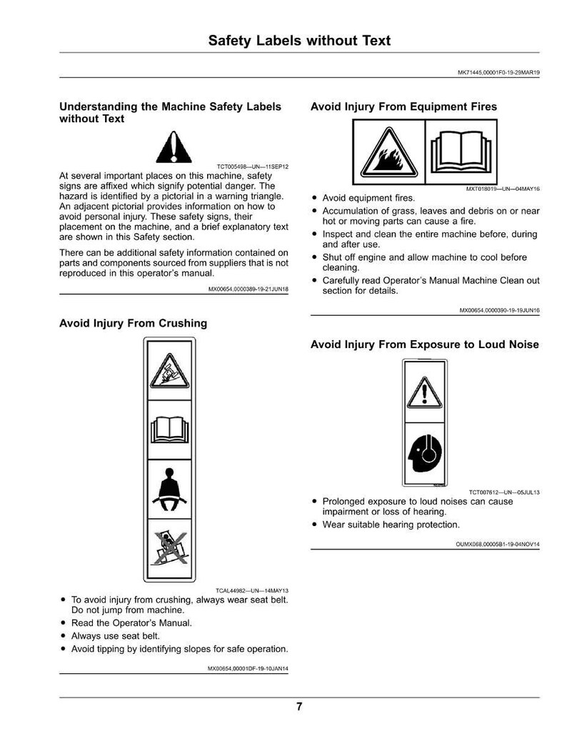May include: A white document titled "Safety Labels without Text" with safety symbols and warnings. The document includes instructions on avoiding injury from equipment fires, crushing, and loud noise. It also provides information on machine safety labels.