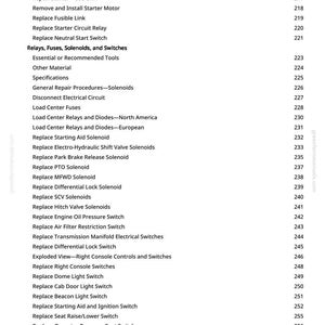 May include: A page from a manual with a list of repair procedures and components, including relays, fuses, solenoids, and switches. The text is in black font on a white background, with a green website address at the bottom.