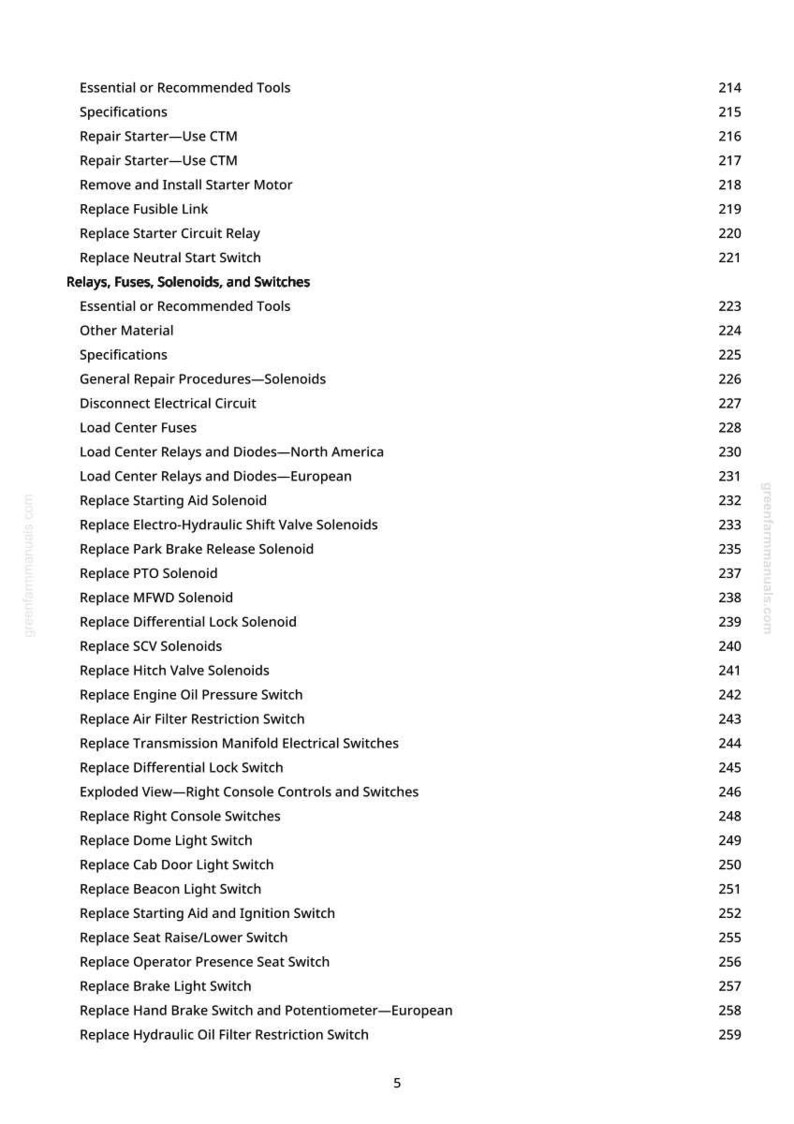May include: A page from a manual with a list of repair procedures and components, including relays, fuses, solenoids, and switches. The text is in black font on a white background, with a green website address at the bottom.