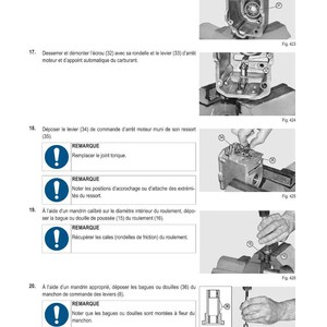 Puede incluir: Diagrama t&eacute;cnico con instrucciones para la intervenci&oacute;n mec&aacute;nica. La imagen muestra varios pasos que involucran herramientas y componentes de m&aacute;quinas, incluida la extracci&oacute;n de circlips, rodamientos y palancas. El texto en franc&eacute;s acompa&ntilde;a las ilustraciones.