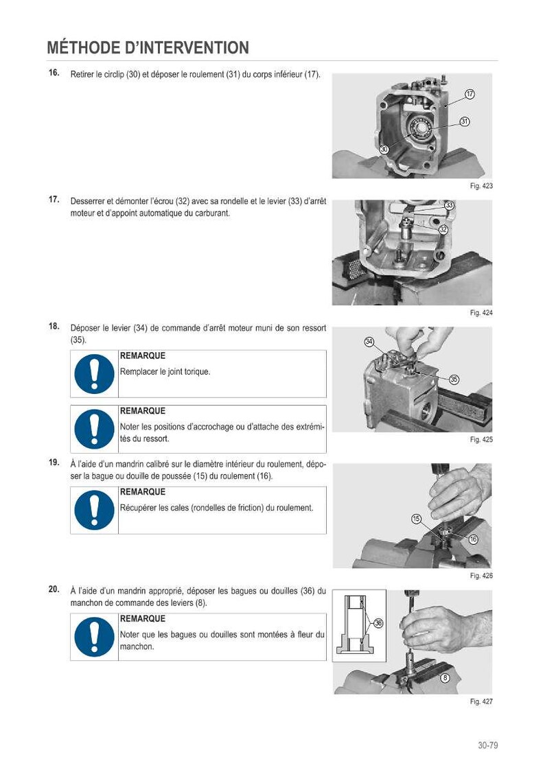Puede incluir: Diagrama t&eacute;cnico con instrucciones para la intervenci&oacute;n mec&aacute;nica. La imagen muestra varios pasos que involucran herramientas y componentes de m&aacute;quinas, incluida la extracci&oacute;n de circlips, rodamientos y palancas. El texto en franc&eacute;s acompa&ntilde;a las ilustraciones.