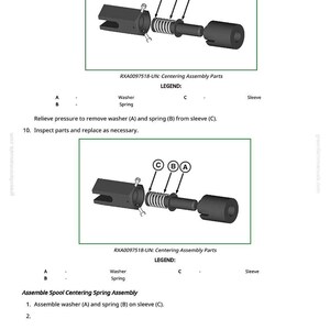 May include: Diagram showing a centering assembly with labelled components: washer (A), spring (B), and sleeve (C). Text includes "RXA0097518-UN: Centering Assembly Parts" and assembly instructions.