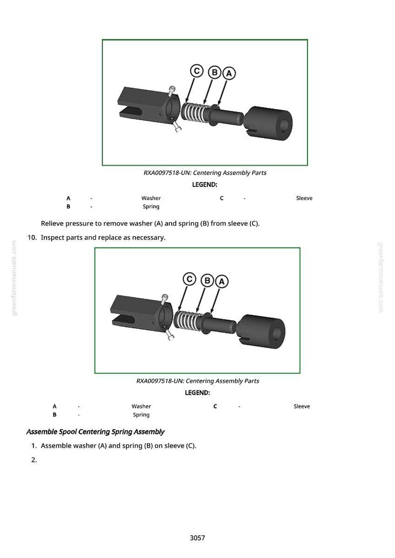 May include: Diagram showing a centering assembly with labelled components: washer (A), spring (B), and sleeve (C). Text includes "RXA0097518-UN: Centering Assembly Parts" and assembly instructions.
