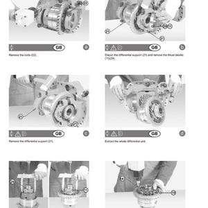 May include: A series of black and white diagrams illustrating the disassembly of a ring and pinion gear set. The steps include removing bolts, supports, and bearings, with labels and arrows indicating each stage.