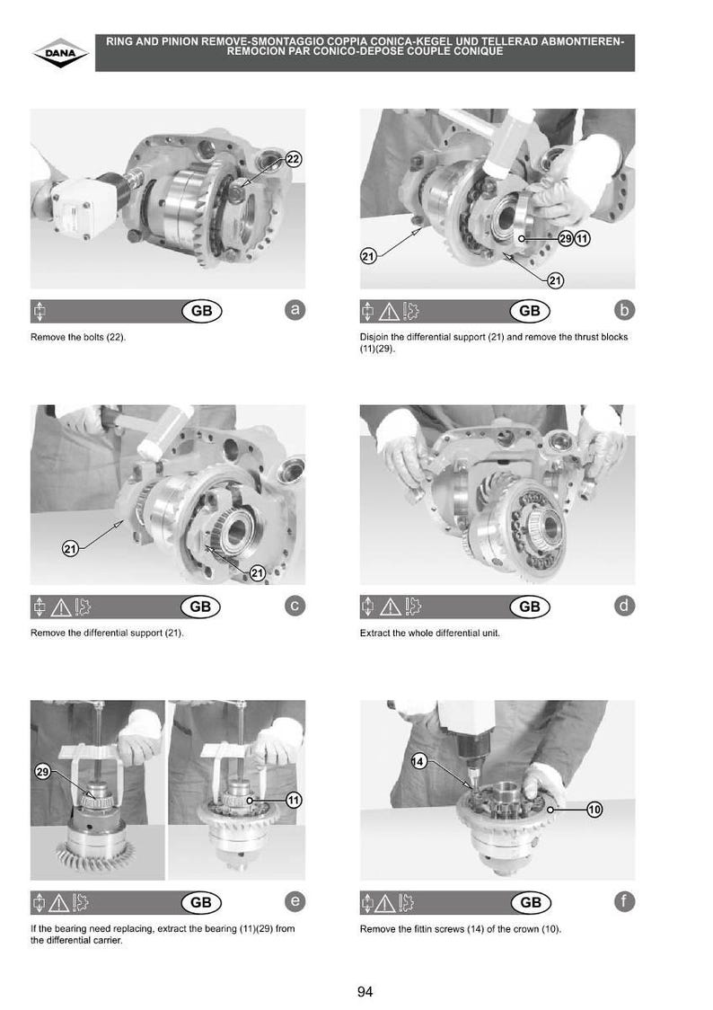 May include: A series of black and white diagrams illustrating the disassembly of a ring and pinion gear set. The steps include removing bolts, supports, and bearings, with labels and arrows indicating each stage.