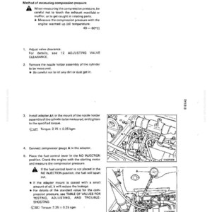May include: A page from a manual titled "Measuring Compression Pressure." It includes instructions, diagrams, and warnings about engine maintenance. The text details steps for checking engine compression, including adjusting valve clearance and connecting a compressor gauge.