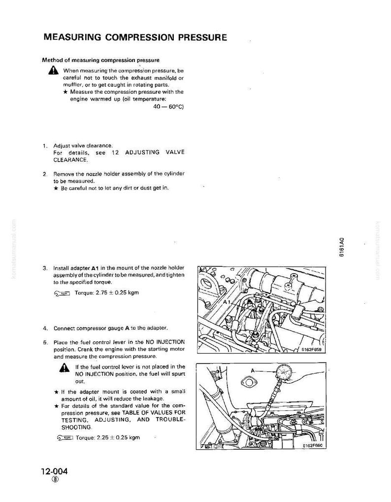 May include: A page from a manual titled "Measuring Compression Pressure." It includes instructions, diagrams, and warnings about engine maintenance. The text details steps for checking engine compression, including adjusting valve clearance and connecting a compressor gauge.