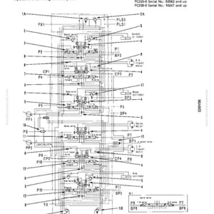 以下が含まれることがあります： 機能とバルブの動作を示す詳細な油圧回路図。 「バケットシリンダー」や「旋回バルブ」などのラベルと記号が含まれています。 この図はコマツのマニュアルからのものです。