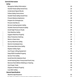 Puede incluir: Una p&aacute;gina de un manual titulada "Tabla de contenido". El documento enumera temas de seguridad como "Manejar fluidos de forma segura - Evitar incendios" y "Prevenir explosiones de bater&iacute;as". Los n&uacute;meros de p&aacute;gina se enumeran a la derecha.