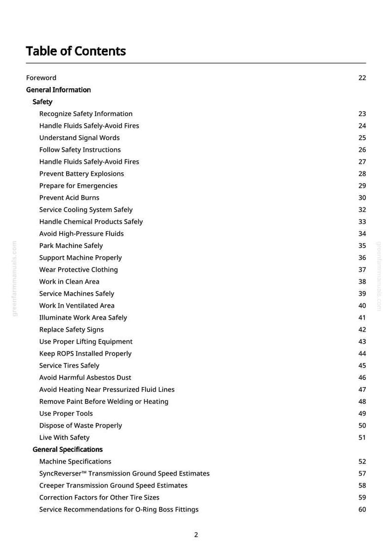 Puede incluir: Una p&aacute;gina de un manual titulada "Tabla de contenido". El documento enumera temas de seguridad como "Manejar fluidos de forma segura - Evitar incendios" y "Prevenir explosiones de bater&iacute;as". Los n&uacute;meros de p&aacute;gina se enumeran a la derecha.