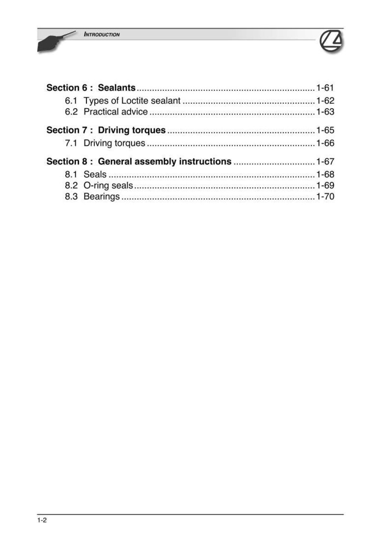 May include: A page from a manual with the title "INTRODUCTION" at the top. The page lists sections on sealants, driving torques, and general assembly instructions. The page numbers are on the right side.
