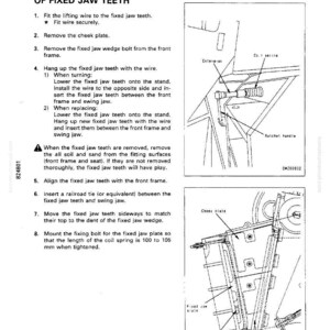 May include: A detailed technical diagram with instructions for turning and replacing fixed jaw teeth. The black and white illustration includes labeled parts like the cheek plate and ratchet handle, with measurements in millimeters.