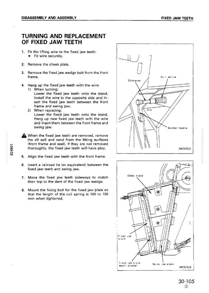 May include: A detailed technical diagram with instructions for turning and replacing fixed jaw teeth. The black and white illustration includes labeled parts like the cheek plate and ratchet handle, with measurements in millimeters.