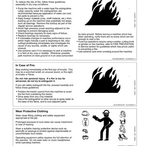 May include: Safety guidelines document with illustrations. Includes fire prevention steps, instructions for fire incidents, and protective clothing advice. Features a black flame graphic and a stick figure wearing safety gear.